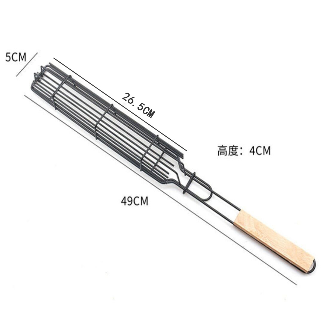 Cross-Border Bbq Grill Mesh Wooden Handle Sausage Barbecue Clip Corn Grill Mesh Clip Hot Dog Ham Grill Outdoor Barbecue Mesh Rack