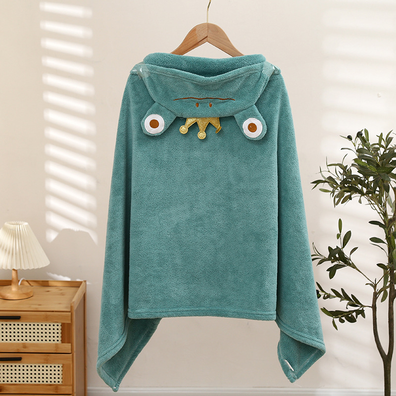 Coral Velvet Children's Hooded Bath Towel Manufacturer Wholesale Spot Thickened Water-Absorbent Non-Shedding Cute Cartoon Cloak Bath Towel