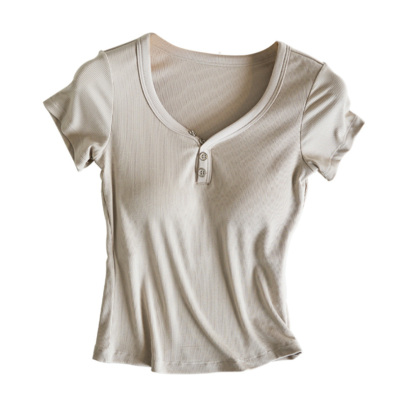 Women's Summer Thin Slim-Fit Half-Sleeve Knit Top with Chest Pads, Bra-Free Integrated Slimming Base T-Shirt Top