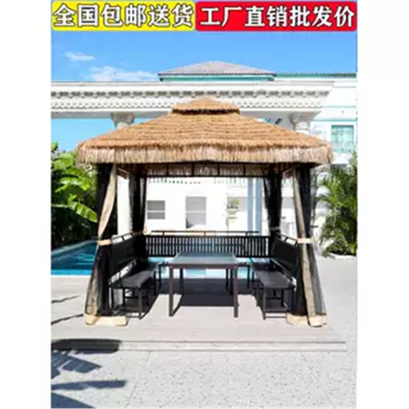 Outdoor Pavilion for Home Use, Villa Courtyard, Farmhouse, Thatched Hut, Small Wooden House, Straw Iron Art Pavilion, Four-Cornered Thatched Pavilion