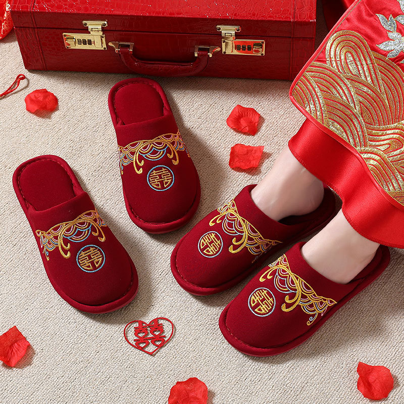 Wedding slippers festive red pair of autumn and winter couples wedding winter home indoor bride wedding dowry slippers