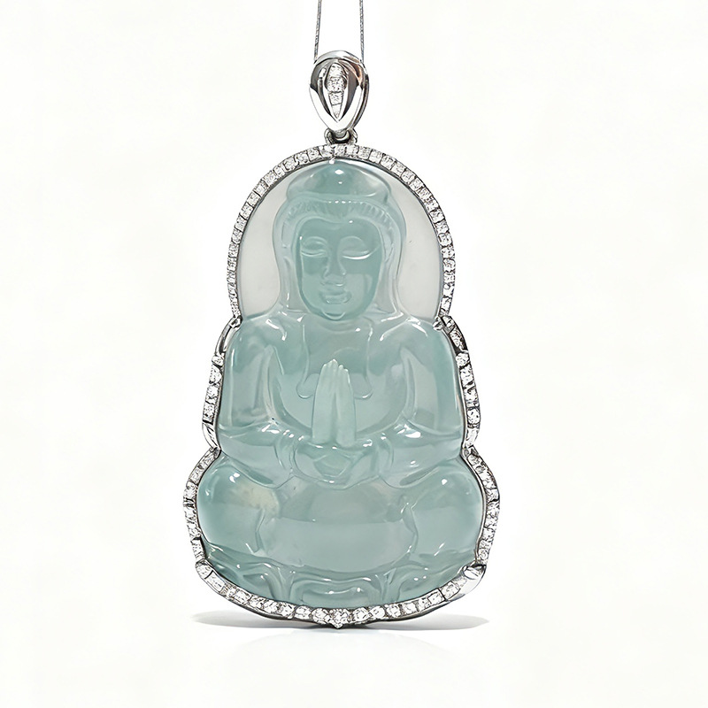Platinum Pt950 Cultivated Diamond Jade Guanyin Inlaid Full Diamond Pendant