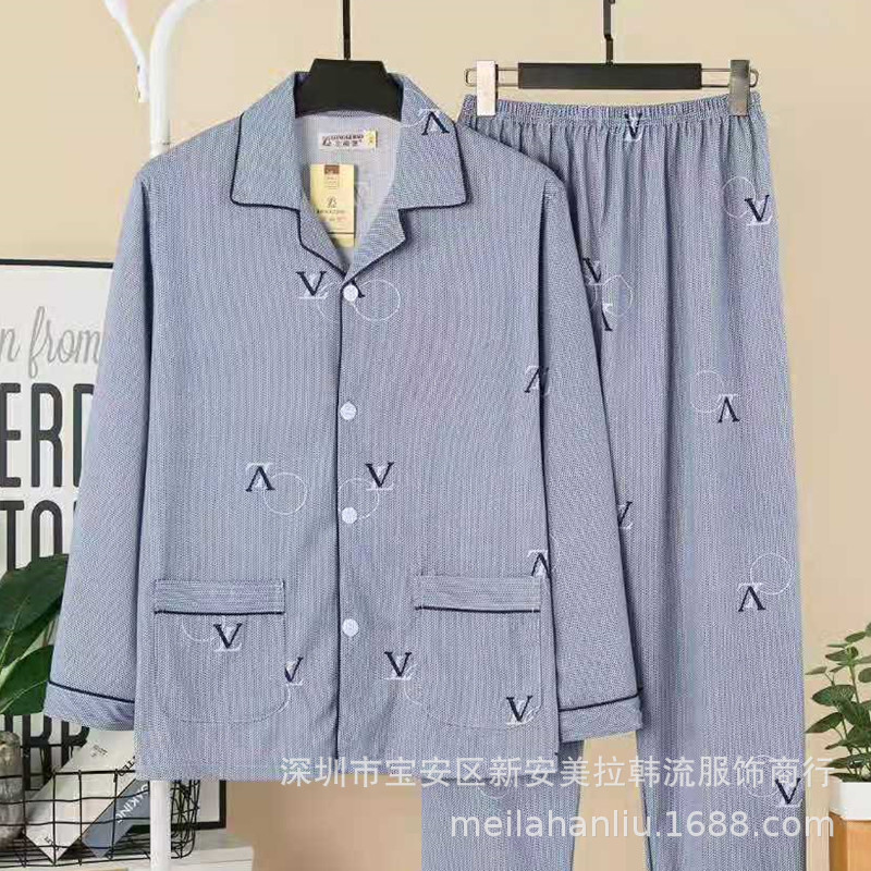 Spring and Autumn Long Sleeve Men's Pajamas with Cotton Cardigan Double-Sided Knitted Cotton Lapel Autumn Dad Home Suit Large Size