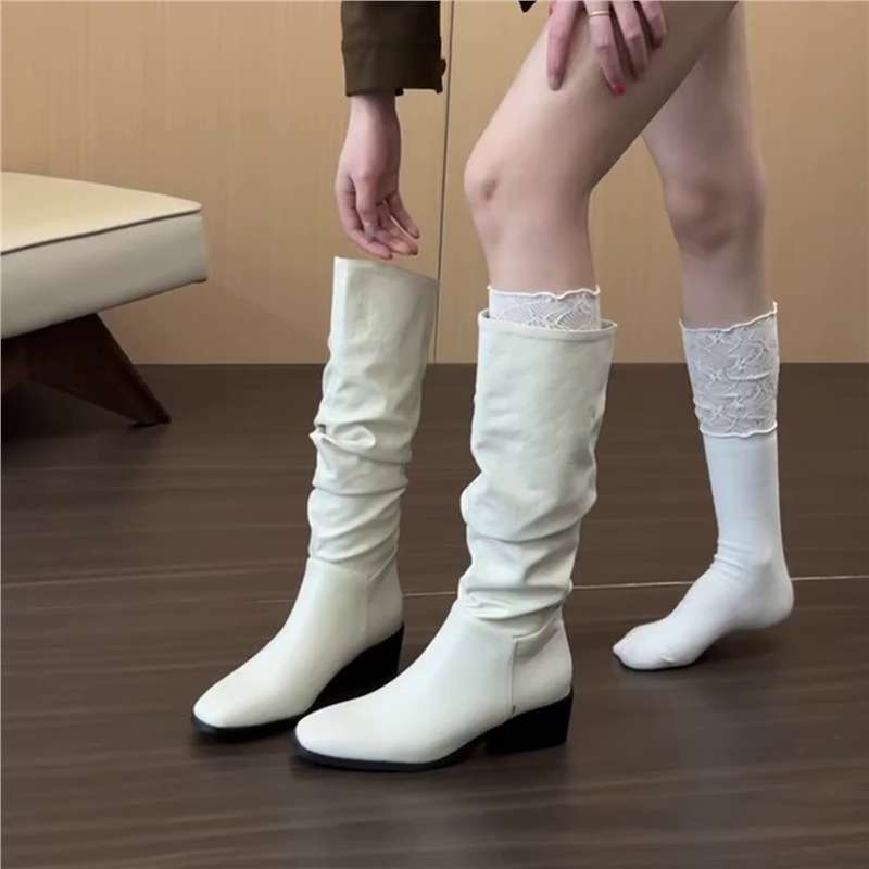 Sheepskin Version ~ Versatile Knee-High Boots for Women in Autumn and Winter, Pleated Boots, Thick Heels, Square Toes, Simple Elegant Boots