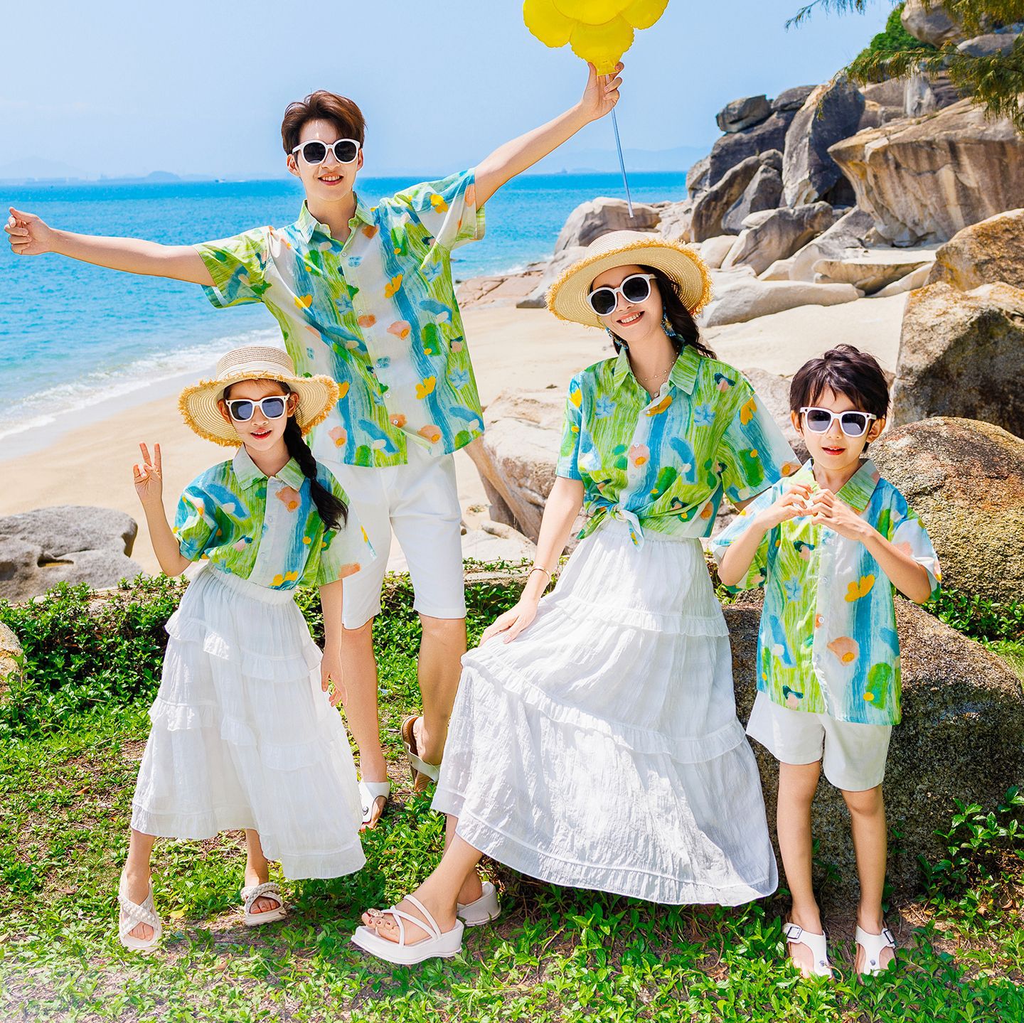 Новая летняя одежда для семьи из четырех человек, комплект из двух частей: рубашка и длинная юбка, пляжный стиль, повседневный летний костюм
