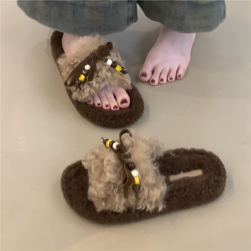 Sheepskin Version ~ Thick-Soled Fur Slippers for Women to Wear Outside with Bows and Beads, Retro Fleece-Lined to Heattech, Lazy One-Line Cotton Slippers