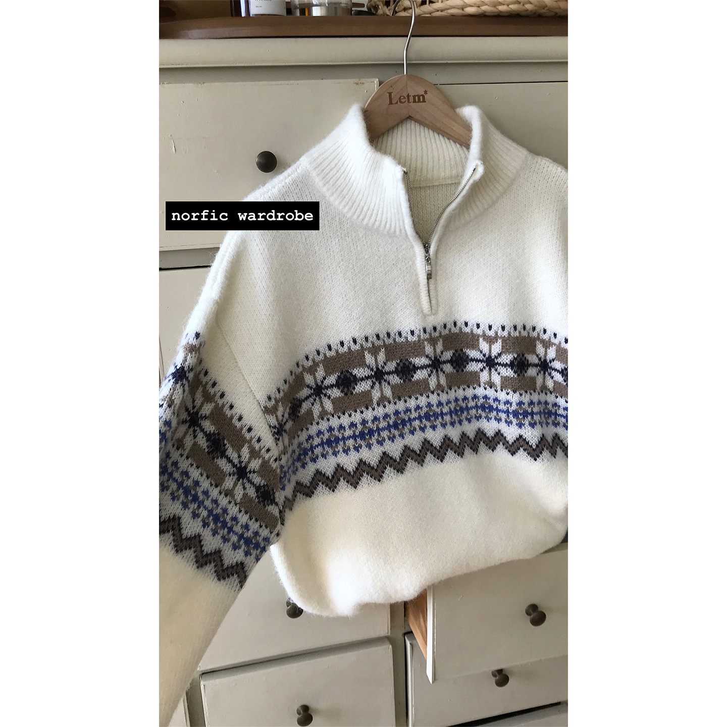 Letm Iceland Vacation' Retro High Weight Wool Fair Isle Jacquard Contrast Color Half Placket Large Sweater for Women