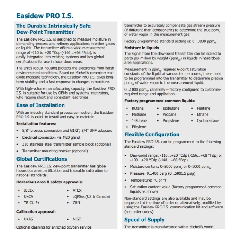 Michell Easidew Pro Is Moisture Analysis Transmitter British Michell Instruments