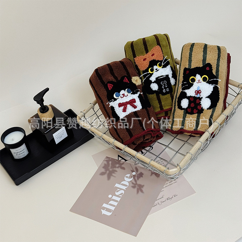 Cross-Border Bathrobe Vertical Striped Coffee Cat Home Clothes Autumn and Winter Thickened Wearable Bath Towel Couple Style Bathrobe with Straps