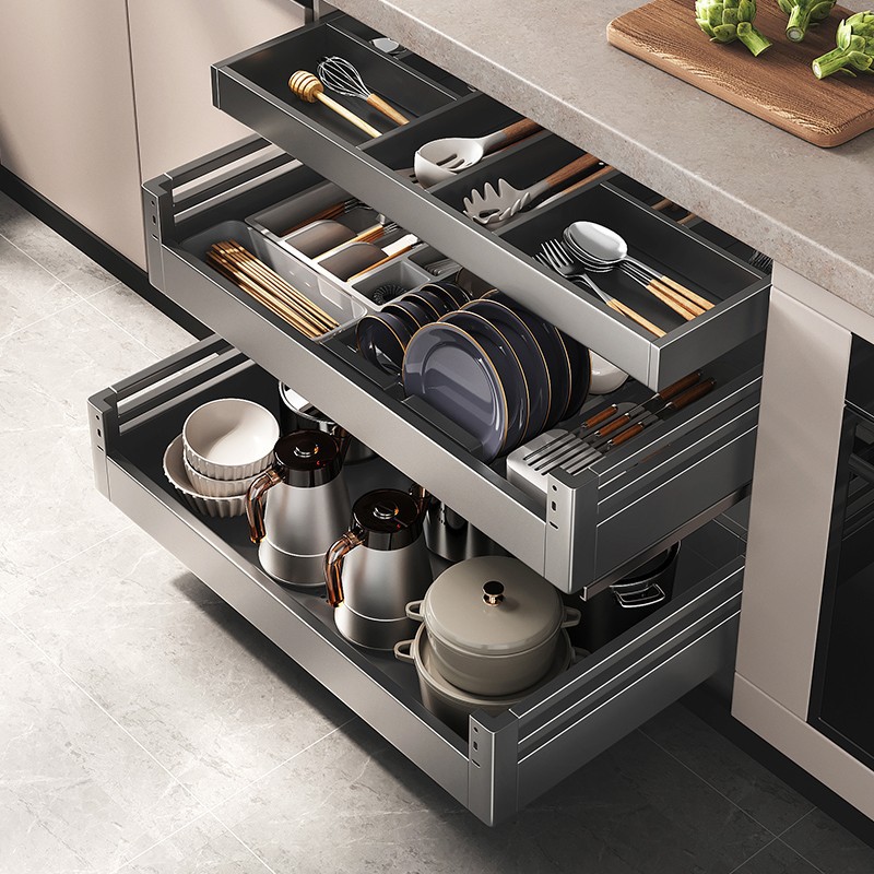 Серый кухонный ящик с двумя слоями, 304 нержавеющая сталь, для хранения посуды