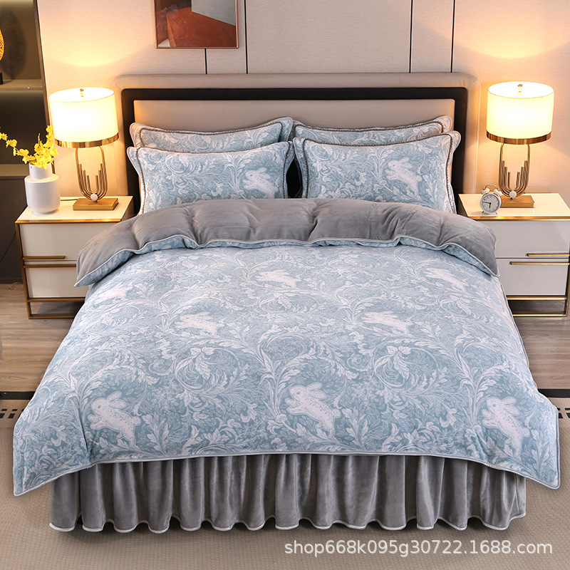 Trendy Live-Stream Popular Milk Velvet Four-Piece Set, Warm and Thickened Gold Mink Velvet Bedding Set with Bed Skirt for Winter