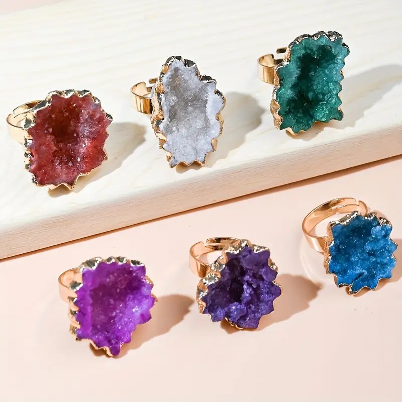 Natural Crystal Cave Sun Flower Sliced Ring Agate Edge Electroplating Colorful Irregular Ring Cross-border Wholesale