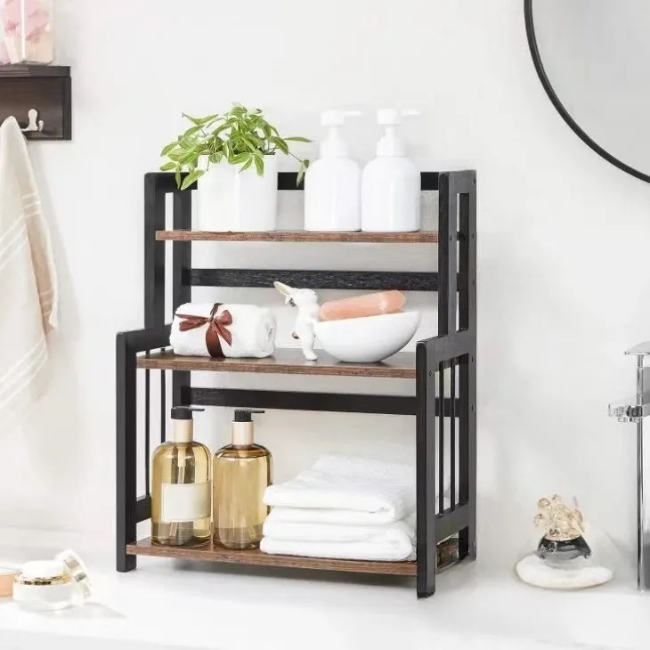 Manufacturer's 3-Layer Desktop Storage Rack Kitchen Spice Display Rack Living Room Bathroom Storage Iron and Wood Combination Storage Rack