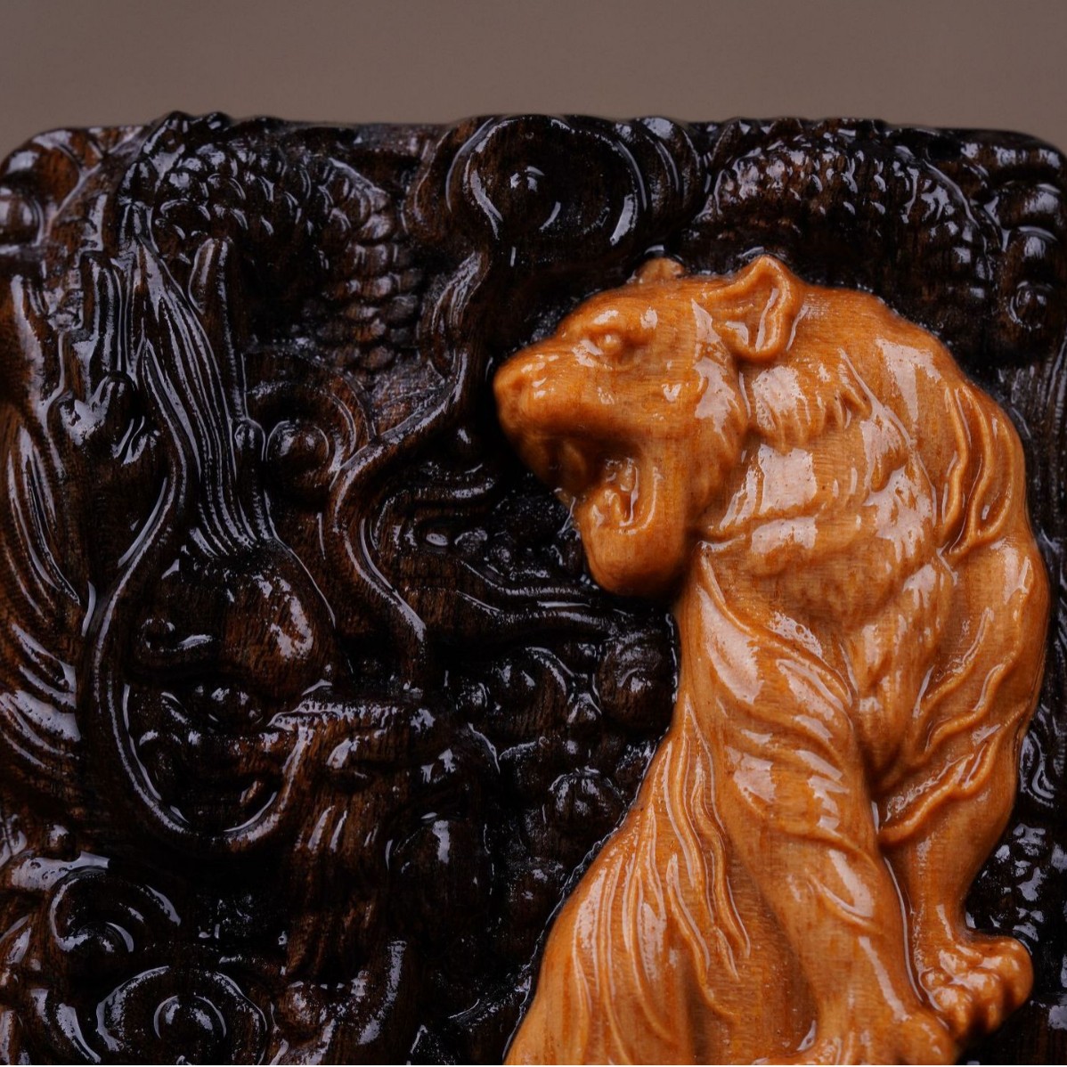 Agarwood Inlaid Barbie Sandalwood Plaque Handle Piece, Dragon and Tiger Chinese Style Toy Piece, Chinese Style Pendant, Toy Wood Carving