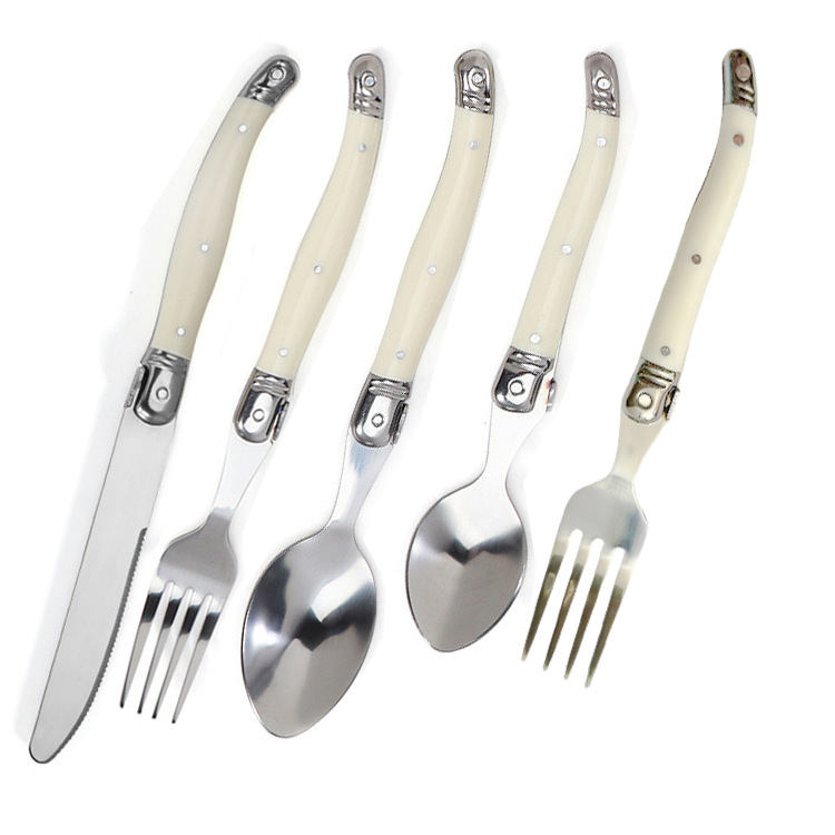 Golden Sea Western Restaurant Uses a 5-Piece Knife, Fork and Spoon Set with Milky White Plastic Handle Steak Knife, Steak Fork and Spoon