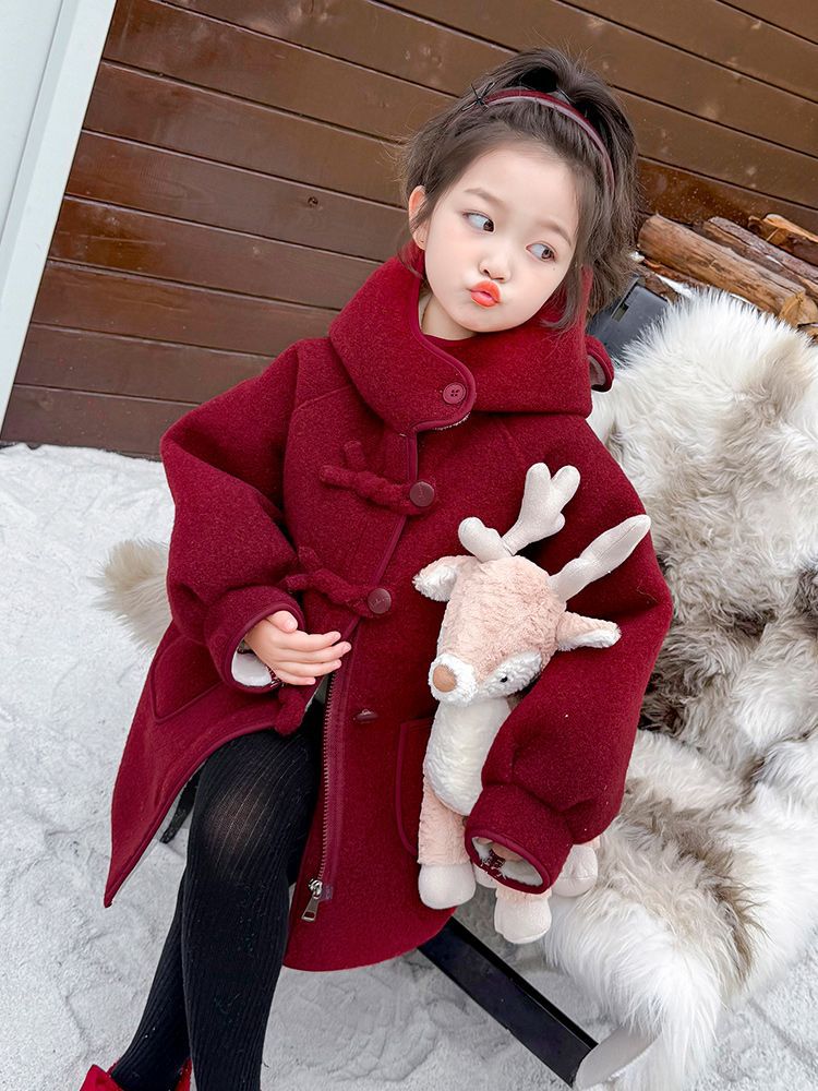 Girls' Woolen Outwear Autumn and Winter 2025 New Kidsren's New Year's Clothing Baby Fleece-Lined Red Woolen Outwear Mid-Length