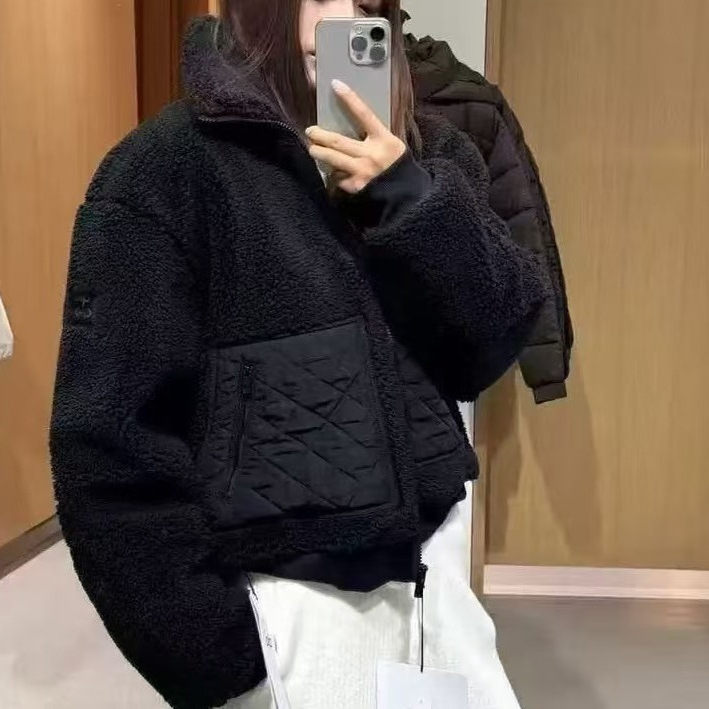 Alo тот же стиль 25 осень/зима новый короткий жакет из овечьей шерсти утолщенный теплый с воротником-стойкой на молнии хлопковое пальто