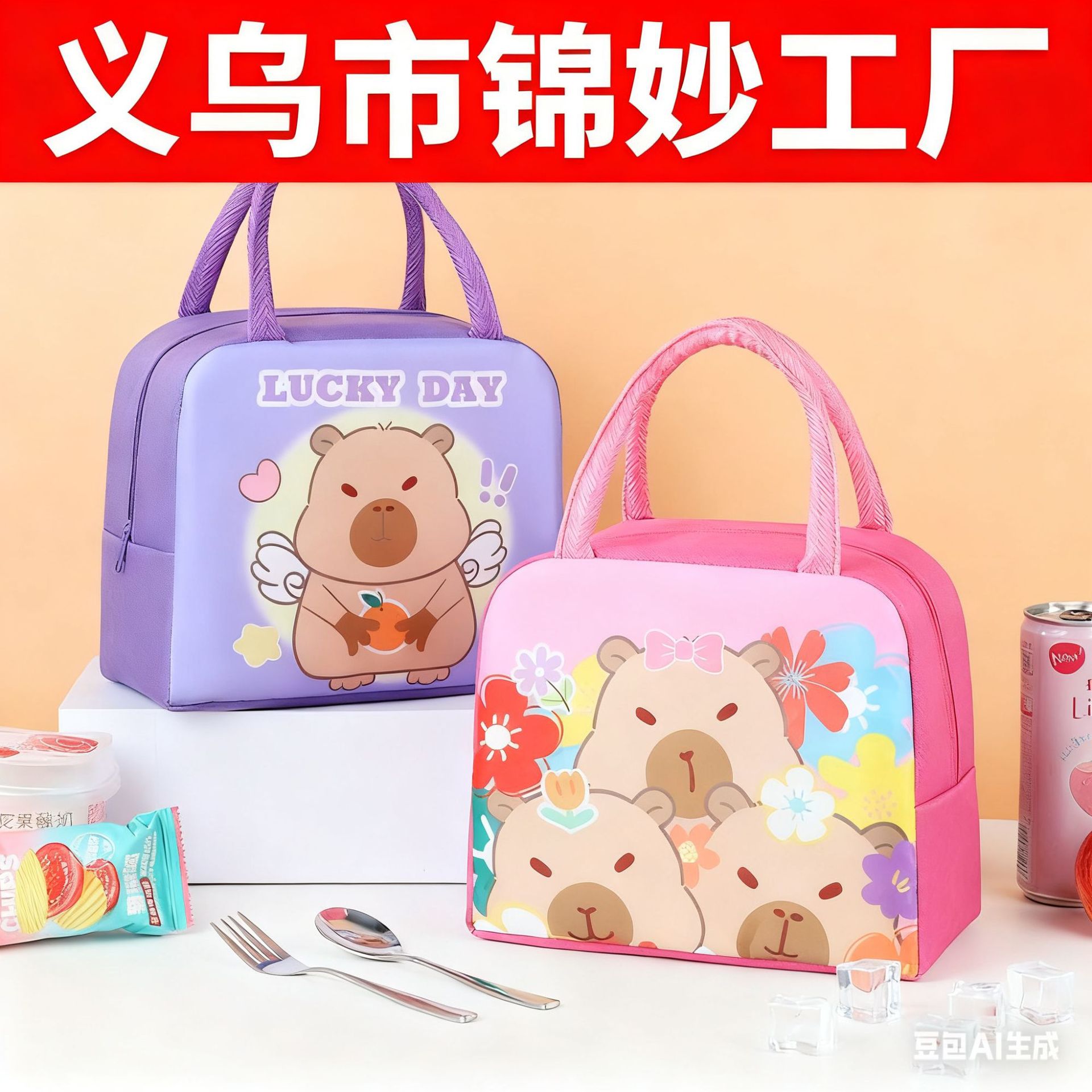 New cartoon capybara pattern lunch bag factory direct sale children lunch bag wholesale portable lunch box insulation bag