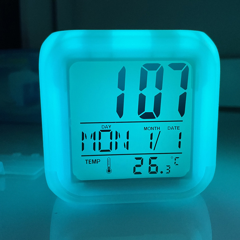 Factory Direct Supply Colorful Square Clock Time Temperature Alarm Clock Led Luminous Color-Changing Digital Alarm Clock Gift Cross-Border