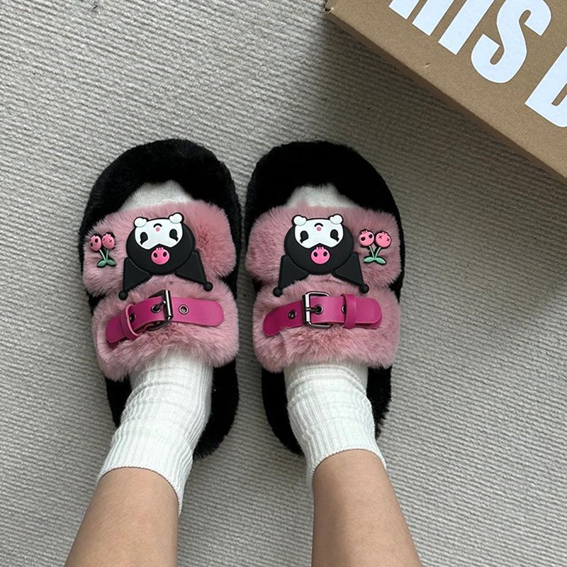 Cute Style Internet Celebrity Kuromi Plush Thick-Soled Slippers 2025 Autumn New Cartoon Versatile One-Line Cotton Slippers