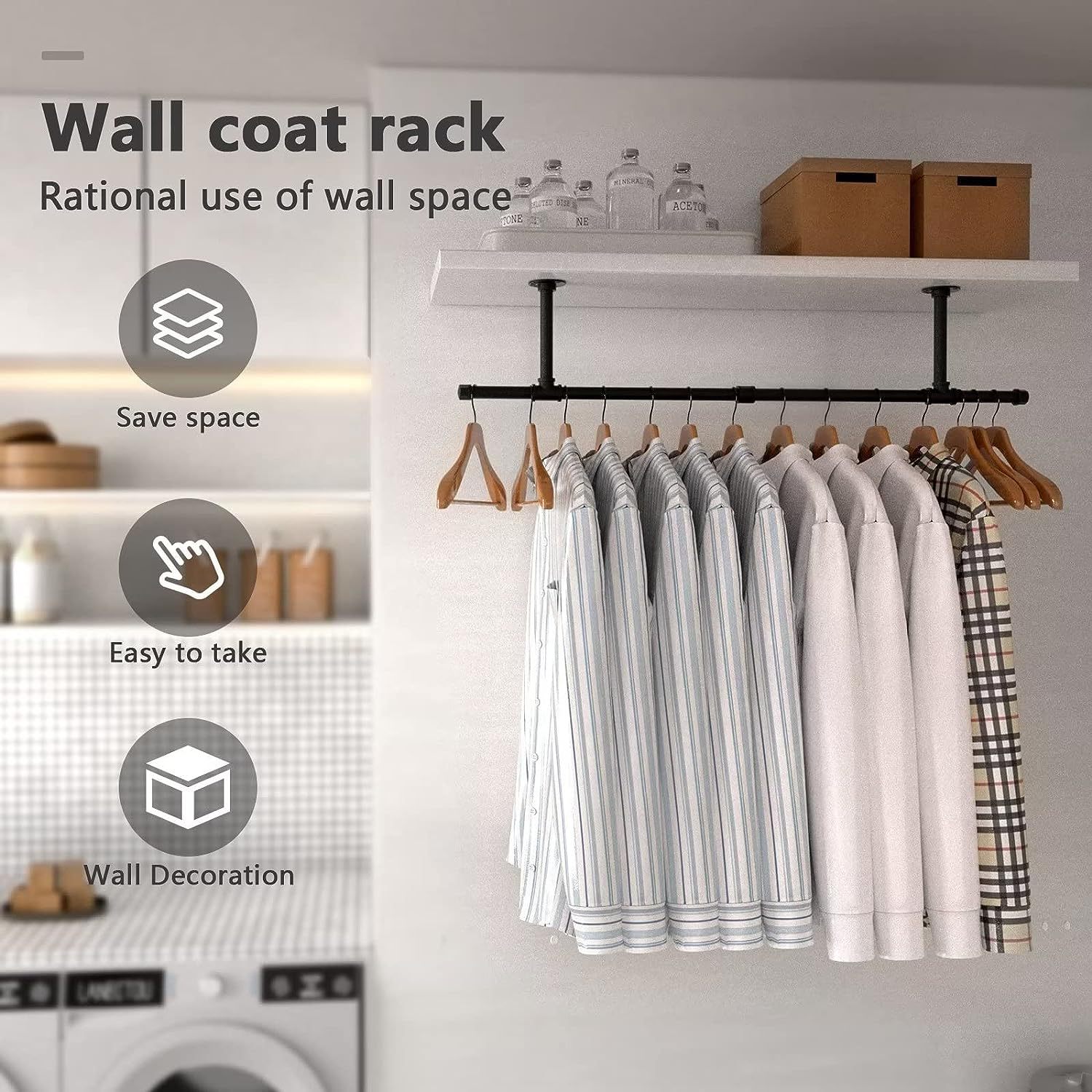 Wall-Mounted Clothes Rack, Industrial Pipe Wall Closet Metal Hanging Rod, Multi-Functional Clothes Drying Rod for Wardrobe