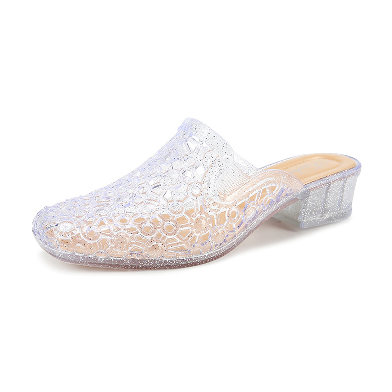 Thick Heel Height Increasing Mom Plastic Crystal Hollow Baotou Sandals Women's Summer Outer Wear Half Slippers Casual Non-Slip Simple