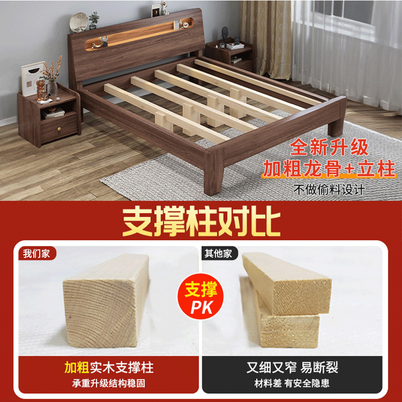 Solid Wood Bed Modern Simple Home Master Bedroom 1.5 m 1.8m Double Bed Economical Rental Room Single Bed Frame 1.2