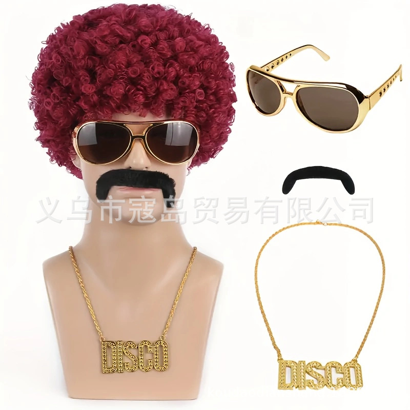 50s Men's Rock Hair Halloween Disco Hippie 80s Punk Disco Necklace Black Fans Wig