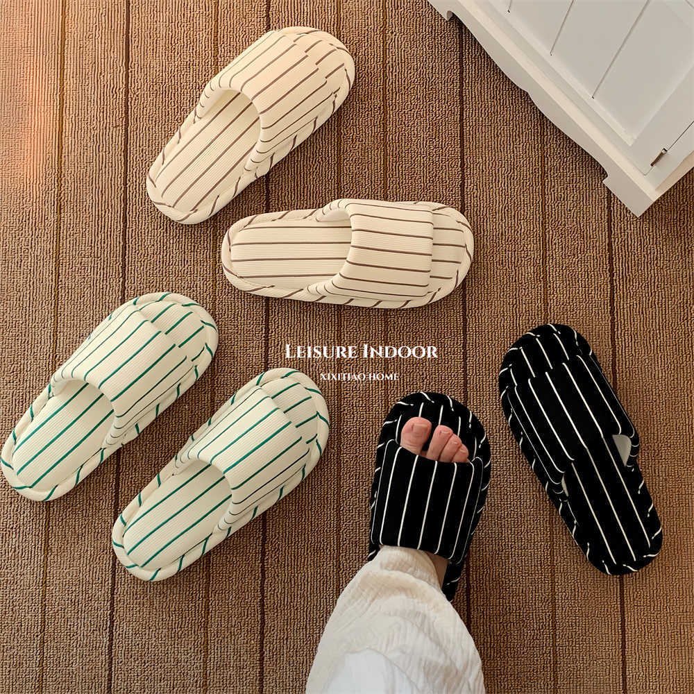 Thin Strips of Simple Stripesd Home Floor Shoes Japanese Style Cotton and Linen Soft Sole All Year Round Universal Air-Conditioned Room Slippers for Women Ins