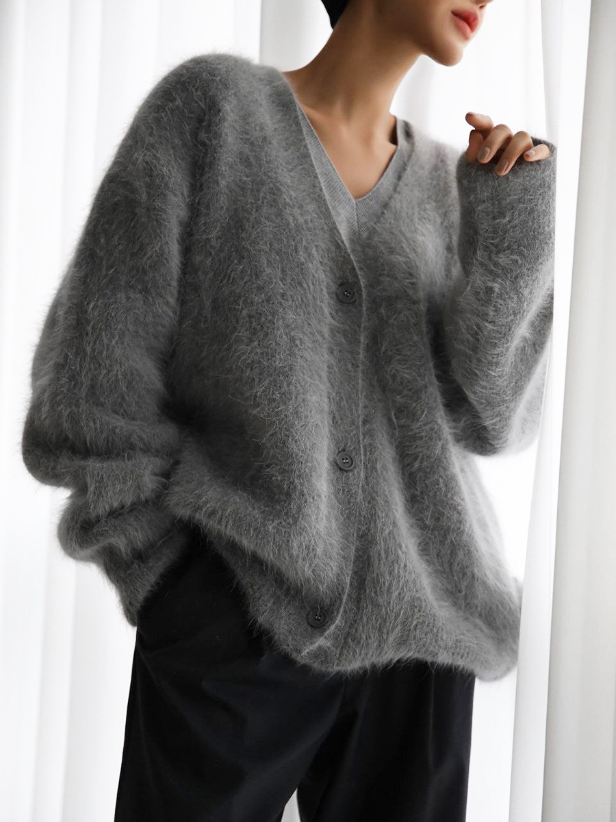 Cross-border imitation mink wool knitted sweater cardigan European and American 2025 autumn and winter lazy loose long sleeve V-neck sweater coat for women