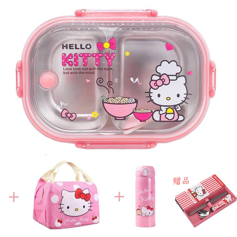 Cute Cartoon Stainless Steel Lunch Box Student Girl Insulated Kidsren's Divided Tableware Kitty Chinchilla Bento Japanese Style