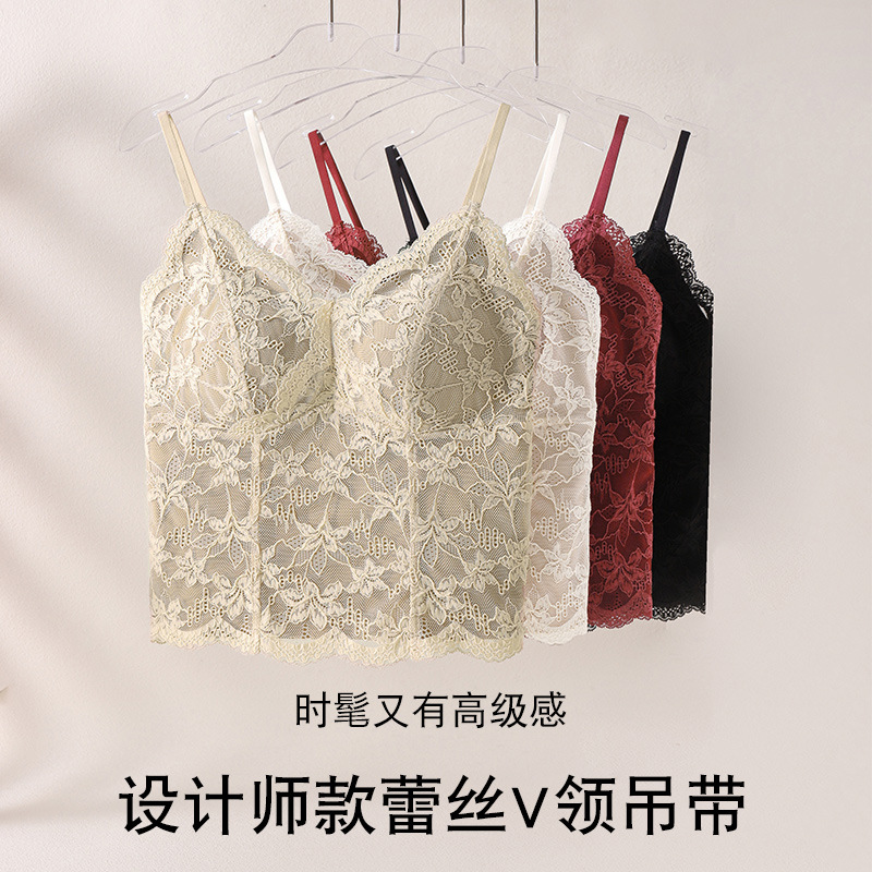 French-Style Vintage Lace Camisole with Built-In Bra Pads, Long Slim-Fit Bra with Beautiful Back Design for Women