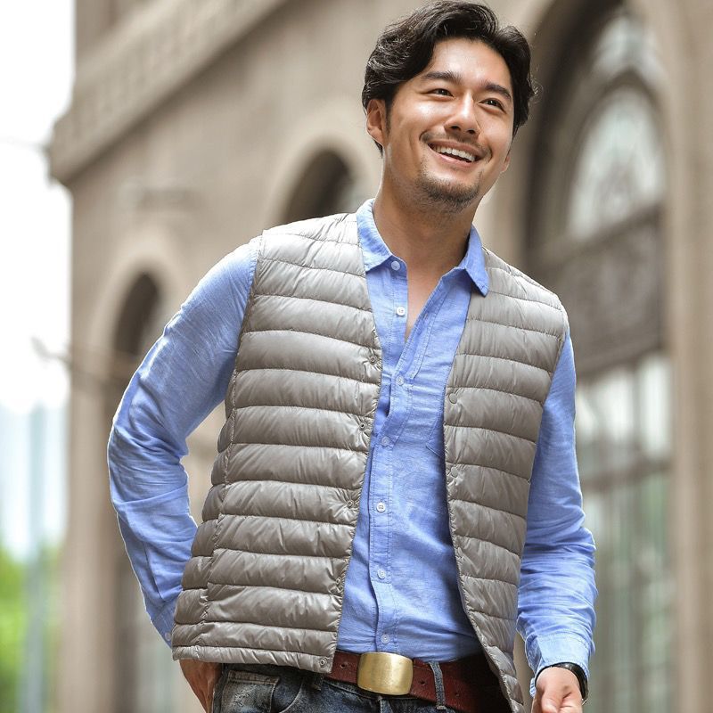 Распродажа снятых с производства цветов: легкий пуховик для мужчин, без воротника, V-образный вырез, короткий стиль, 90% белый утиный пух