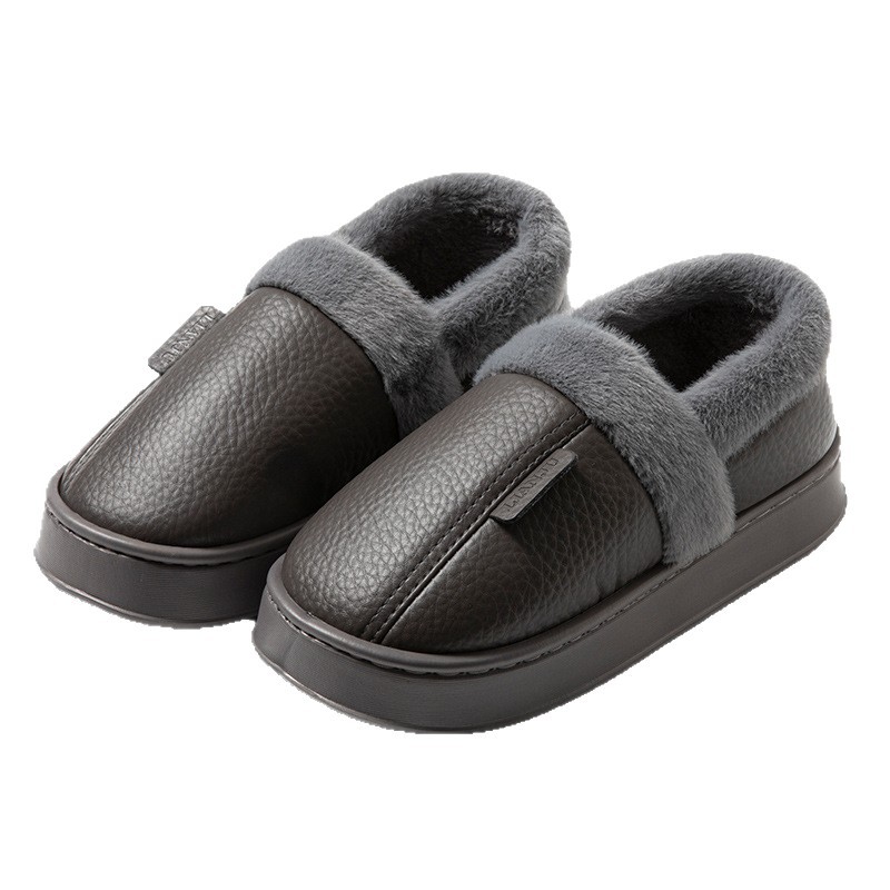 New winter extra-large cotton slippers men and women PU leather slippers waterproof thick-soled home indoor non-slip warm shoes 50