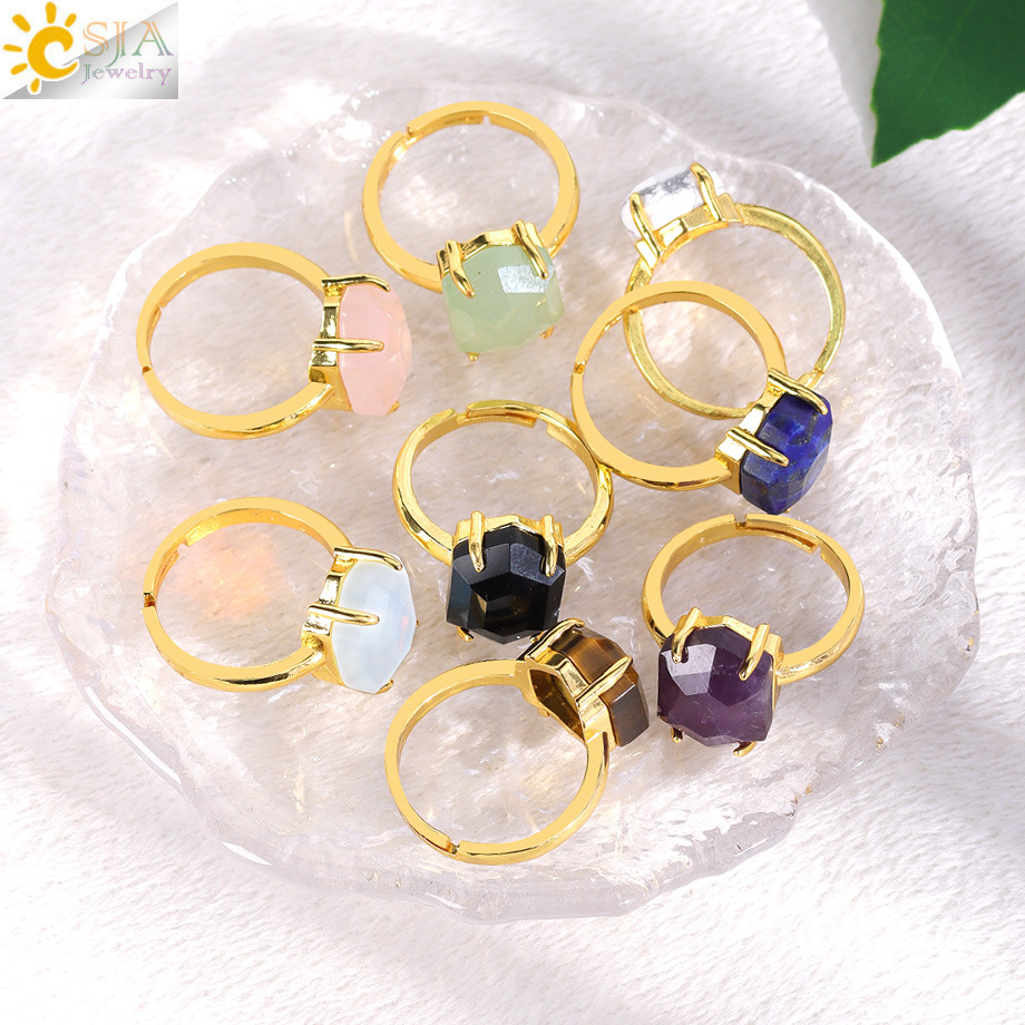 European and American fashion ins style cut face hexagonal natural amethyst obsidian crystal ring open ring wholesale