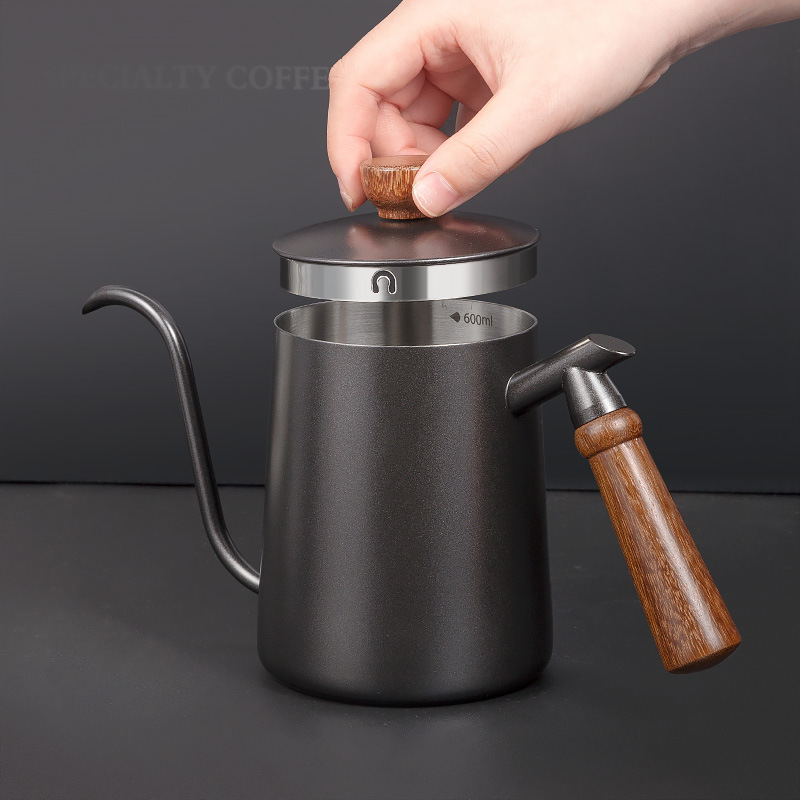 Hand punch pot 600ML solid wood handle hanging ear coffee brewing pot 304 stainless steel drip type household long mouth pot