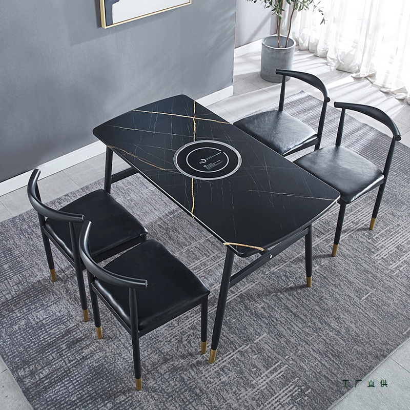 Theme Hot Pot Table Induction Cooker Barbecue All-In-One Skewers Catering Dining Table Rectangular Hotel Table and Chair Combination W&