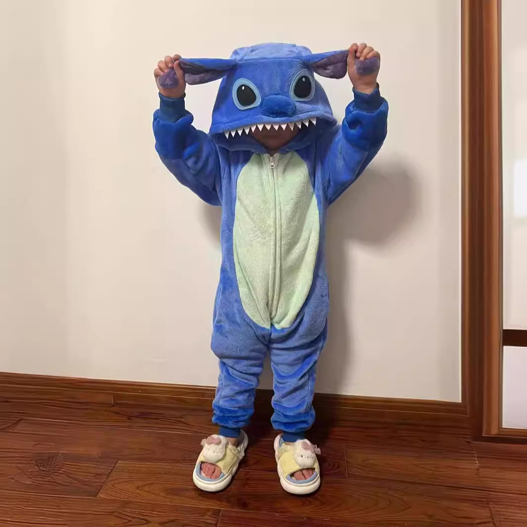 2025 New Flannel Foreign Trade Cross-Border New Blue Cartoon Anime One-Piece Pajamas Front Chest Zipper Version Home Clothes