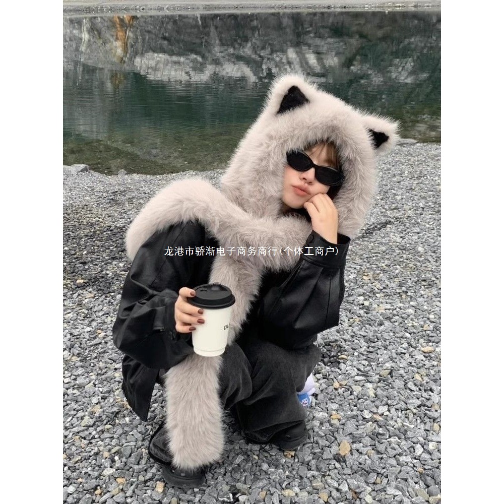 New Plush Fox Ear Scarf Hat Winter Furry 2024 Face-Slimming Warm Ear-Protecting Trapper Hat