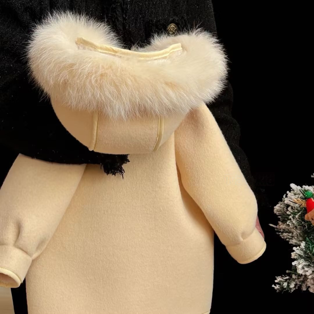 2024 Winter Korean Style Baby Girl New Year Children's Clothing Girls Bow Velvet Hooded Woolen Coat Warm Velvet Feel