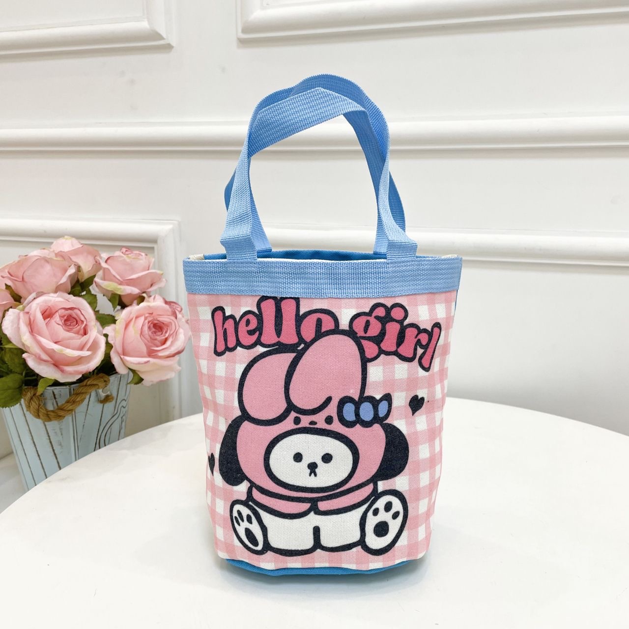 Cute Graffiti Bucket Bag Ins Printed Cylinder Bag Canvas Lunch Bag Han Feng Girl Hand Lunch Box Mummy Bag
