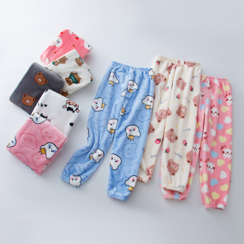 Autumn and Winter Children's flannel pajama pants boys and girls cute cartoon warm pants medium and big children warm pants home wear generation hair