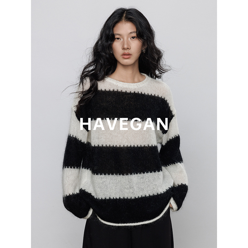 Havegan/Autumn Round Neck Long-Sleeved Wide Stripesd Wool Knitwear Women's Mohair Soft Waxy Casual Top