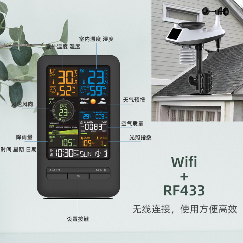 Cross-Border Tuya Graffiti Wifi Smart Weather Station Alarm Clock Temperature and Humidity Meter Wind Speed and Direction Meter Color Screen Digital Clock