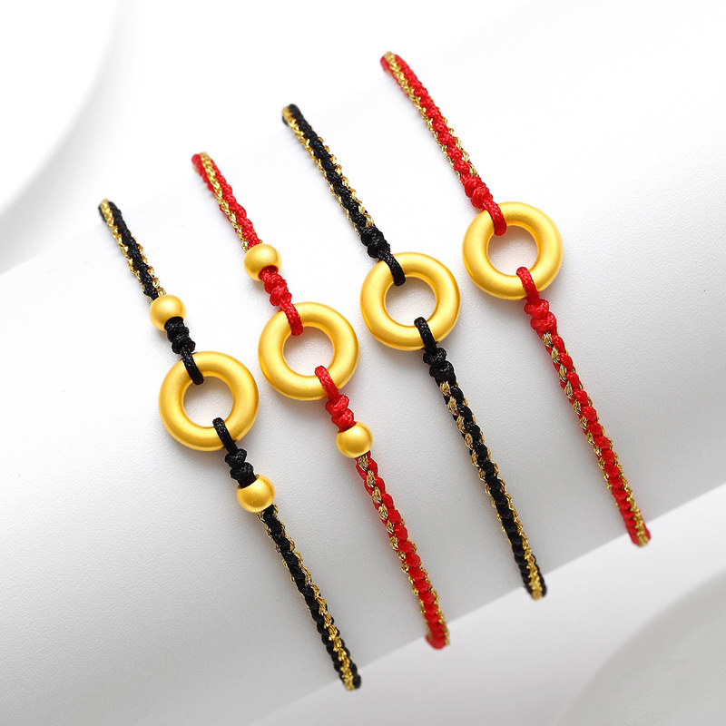 999 Gold Safety Buckle Gold Anklet Women's Pure Gold Benmingnian Red Rope Anklet Woven Ancient Method Transfer Bead Anklet