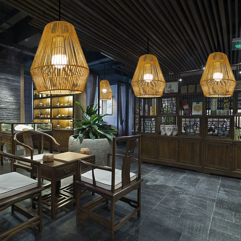 Chinese Retro Woven Chandelier Bedroom Clothing Store Living Room Cafe Hot Pot Restaurant Industrial Style Paper Rope Lamps Wholesale