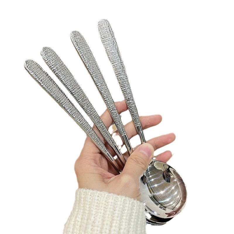 Korean Ice Pattern Spoon Soup Spoon Stainless Steel Hammer Pattern Long Handle Spoon for Eating Western Food Spoon Student Spoon Adult Rice Spoon