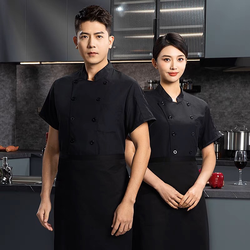 High-end Solid Color Chef Clothing Work Clothes Short-sleeved Men's and Women's Summer Breathable Thin School Canteen Hotel Rear Kitchen Tooling
