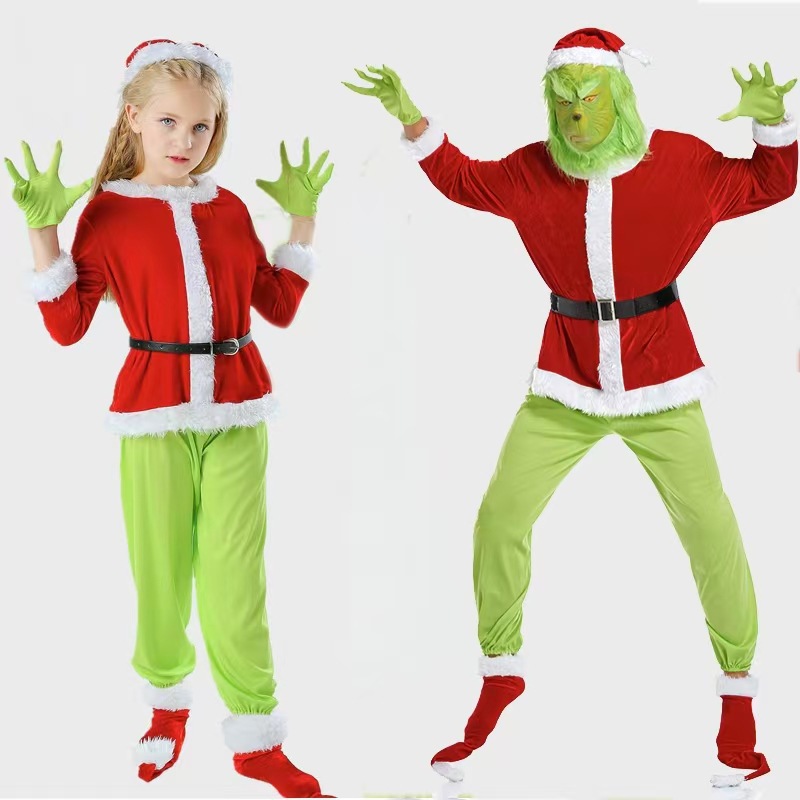 European and American Christmas Clothing for Adults and Kidsren, Green-Haired Monster Grinch Costume, Mask, Hood, Party Costume