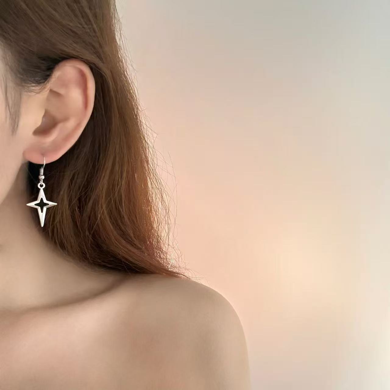 Gothic Punk Style Alloy Silver Color Star Cross Pendant Dangle Earrings for Female Fashion Rock